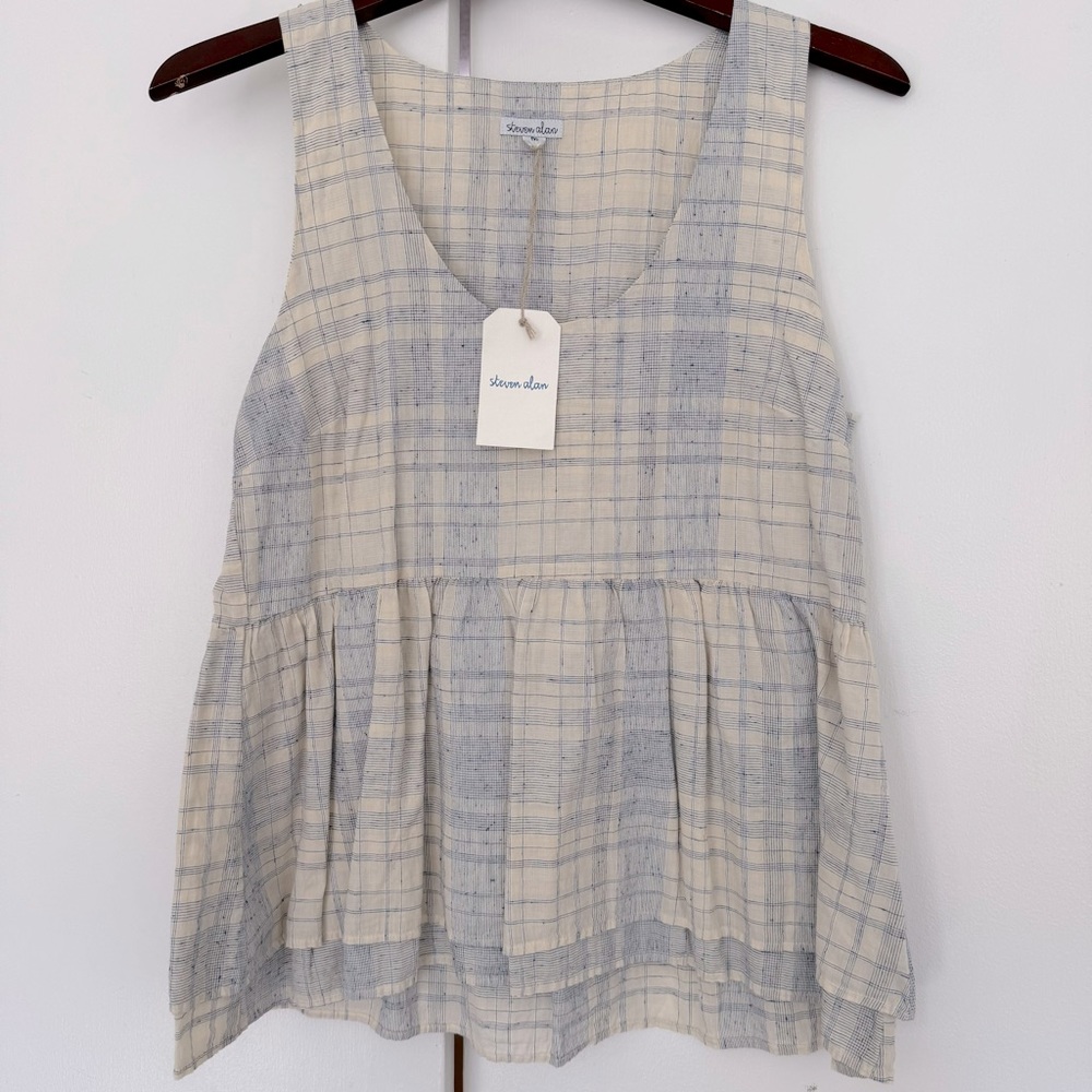 Steven Alan Dakota Tank sz M peplum swing tank in blue & ecru cotton linen